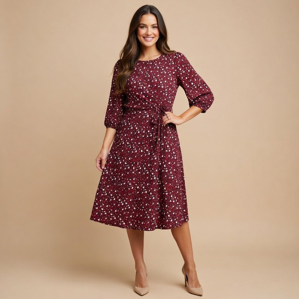 Boden Talia Dress Women Floral Ditsy Print Burgundy 3/4 Sleeve 10P (No Tags)